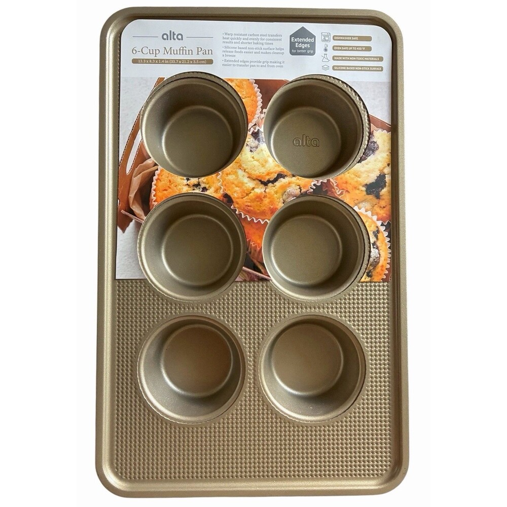 Alta 6-Cup Muffin Pan Nonstick Carbon Steel Gold Oven Safe 450F Dishwasher Safe